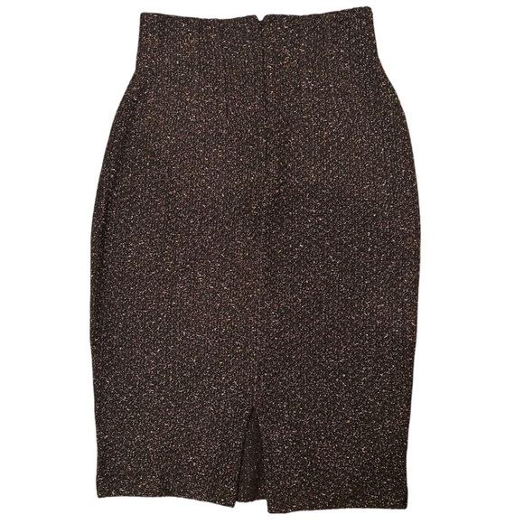 St. John Couture Brown Gold Metallic Knit Tweed Pencil Skirt Stretchy Size 2 - Picture 2 of 9